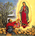Our Lady of Guadalupe with man and flowers tile mural
