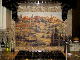 Tuscan landscape tile mural installation - Kitchen backsplash