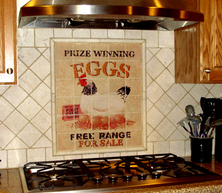 Kitchen backsplash  tile mural installation.. vintage eggs