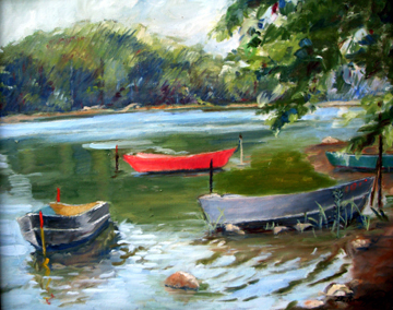 Boats on the river tile mural