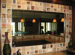 wine labels transferred onto  tiles--- mirror installation