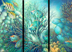 Underwater tile mural with fish, reefs and beautiful painting