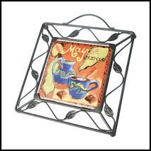 Black wire trivet or wall frame with imaged tile