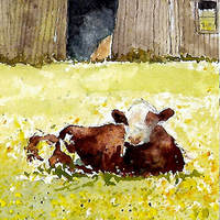 Cow resting tile mural